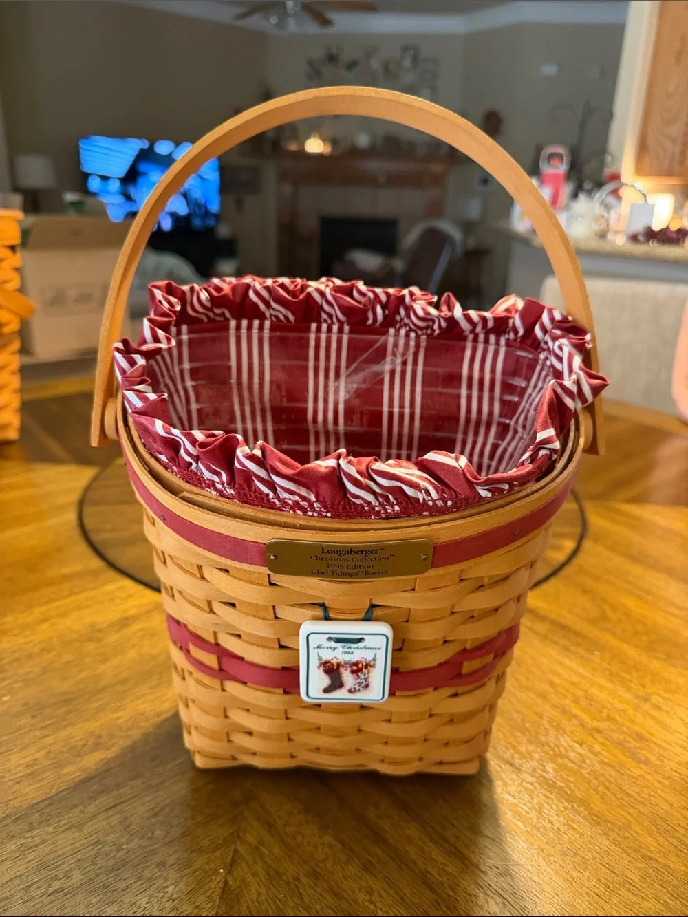 Longaberger Red Plaid Lined Natural Wood Handled Basket